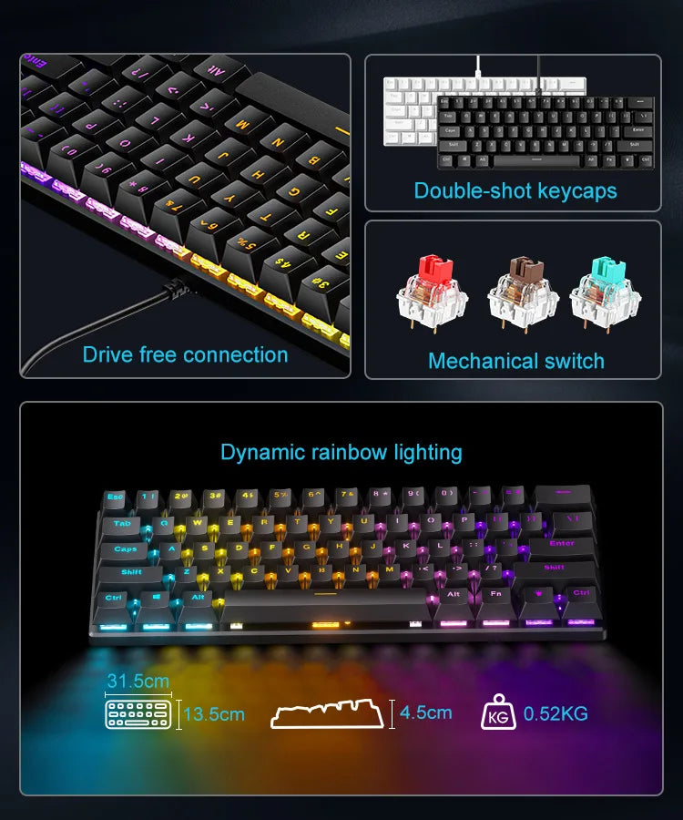 Teclado Gamer Mecánico 60% RGB – Precisión y Estilo en Cada Tecla